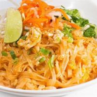 Pad Thai · Small flat rice noodles are wok-tossed with scrambled eggs. Garnished with beansprouts,  pic...