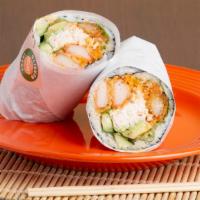 #16. Volcano Burrito · Tempura shrimp, crab salad, avocado,cucumber,lettuce with spicymayo sauce & eel sauce