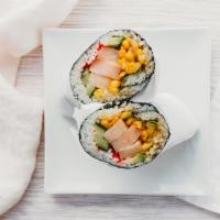 Hamachi Sushi Burrito · Spicy. Yellowtail with tobiko, avocado, lettuce, cucumber, corn, wasabi mayo, and eel sauce.
