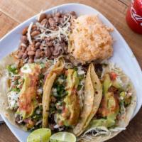 3 Tacos Combo · comes with 3 tacos rice and beans and a soda
