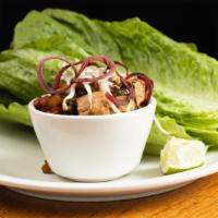 Asian Lettuce Wraps · Can be made gluten free. Tempeh, diced vegetables, garlic, ginger, chiles, tamari, romaine l...