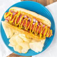 Hot Dog · Beef hotdog served with toppings on a toasted bun.