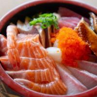 Chirashi Bowl · Assorted sashimi over rice fresh salmon, tuna, yellowtail, albacore, broiled eel, scallop, s...