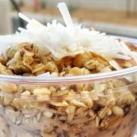 Vegan Overknight Oats · Rolled oats, soy milk, peanut butter, chia seeds, vanilla, banana, shaved coconut, pumpkin f...