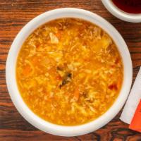 Hot & Sour Soup · Hot and spicy; tofu , carrot, fungus mushroom , ground pork and egg