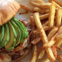 Santa Fe Burger · Fresh ground beef marinated in a special blend of spices - topped with chipotle mayo, bacon,...
