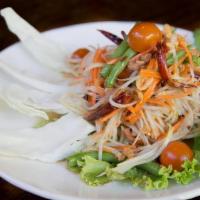 Som Tum · Shredded green papaya and carrot with dried baby shrimp, Thai chili, cherry tomatoes, green ...