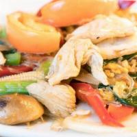 Phad Woon Sen. · Stir-fried bean thread noodles with egg, Napa cabbage, celery, mushrooms, onion, baby corn, ...