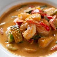 Pumpkin Curry With Prawns · Prawns and kabocha squash in spicy Panang curry with sweet basil and bell peppers.