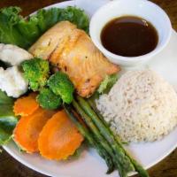 Grilled Wild Salmon · Barbecued filet of wild caught Alaskan Coho salmon served with fresh grilled broccoli, aspar...