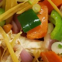 Stir Fried Ginger · Ginger, red onion, zucchini, mushroom, carrot, cabbage, bell pepper, tomato, green onion and...