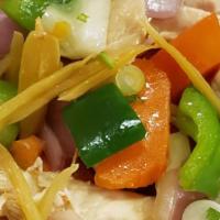 (Gf) Stir Fried Ginger · Ginger, red onion, zucchini, mushroom, carrot, cabbage, bell pepper, tomato, green onion and...
