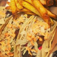 Drunken Pigs Platter · Three smoked, beer braised pork belly street tacos, topped with and Asian slaw ( cabbage, ra...
