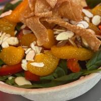 Southwest Citrus Salad · Mandarin oranges, red bell peppers, sliced almonds, and crispy wonton strips atop a bed of m...