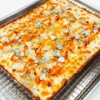 Lrg - Buffalo Chicken · Cheese, Chicken, Frank's Red Hot, Bleu Cheese Crumbles, Ranch Drizzle