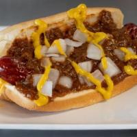 Classic Coney · natural casing hot dog, Coney Island chili, onions and mustard on a steamed bun