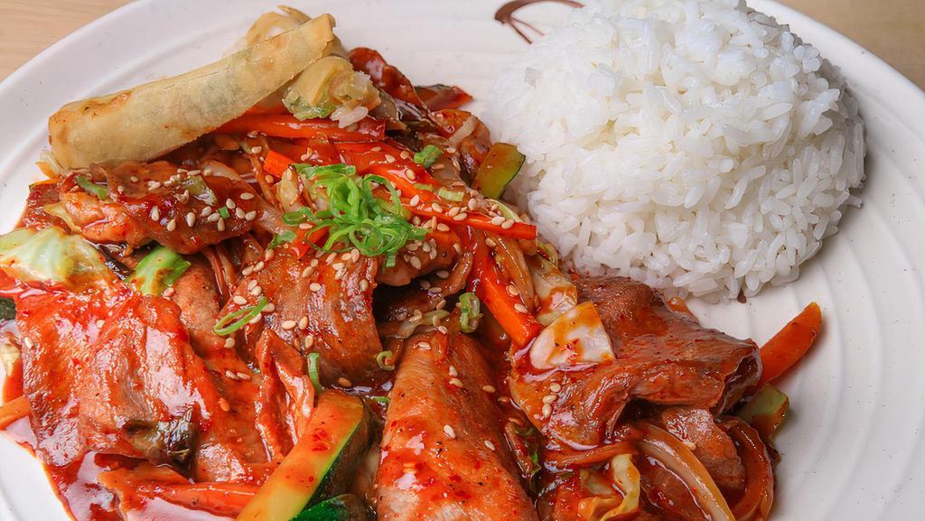 Spicy Plate · Pan fried vegetable (onion, cabbage, broccoli, zucchini) and your choice of calamari, pork, chicken with spicy sauce served with rice and egg roll. Additional costs for calamari and pork.