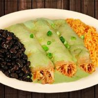(2) Enchiladas Poblanas · Covered with a Poblano pepper creamy sauce. Topped with Romaine lettuce, tomatoes, Mexican c...
