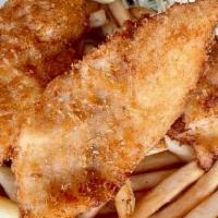 Alaskan True Cod & Chips · Ale batter, panko breading, horseradish coleslaw, fries.