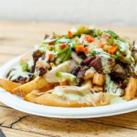 Half Order Of Zombie Fries · Fries with house pastrami, giardiniera, green bells, zombie sauce, & provolone.