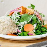 Wrigley Salad · Housemade tuna salad, mixed greens, pickled carrots, red onion and housemade croutons with h...