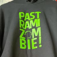 Black Pastrami Zombie Hoodie · Black Hoodie with Lime Green Pastrami Zombie Logo Design on the Front