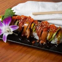 Dragon Roll · Tempura Shrimp, Cucumber topped w/Avocado, Unagi, Masago, Unagi Sauce