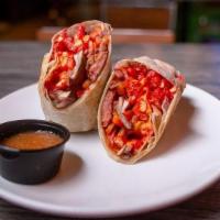 La Burrito · Mexican Salchicha, Peppers, Onions, Mushrooms, Bacon, Beans, Hot Cheetos, Nacho Cheese Sauce