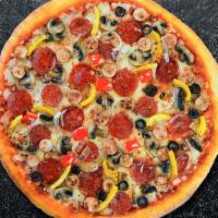 Super Supreme Pizza · Pepperoni, Italian sausage, black olives, red onions, mushrooms, and bell peppers