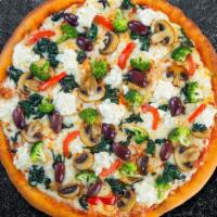 Steady Veggie Pizza  (Vegetarian)  · Bell peppers, mushrooms, kalamata olives, spinach, broccoli, and feta cheese baked on a hand...