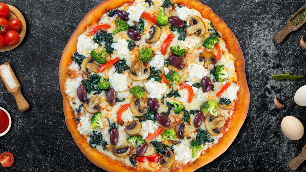 Steady Veggie Pizza  (Vegetarian)  · Bell peppers, mushrooms, kalamata olives, spinach, broccoli, and feta cheese baked on a hand-tossed dough.