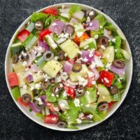 The Big Fat Greek Salad · (Vegetarian) Romaine lettuce, cucumbers, tomatoes, red onions, olives, and feta cheese tosse...