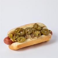 Arizona Dog · Mugsy dog, spicy brown mustard, jalapenos, onions and hatch green chilis.