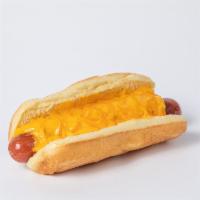 Cheese Dog · Mugsy dog loaded with cheese sauce and shredded cheddar cheese.