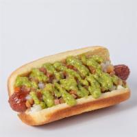 Gringo Dog · Bacon wrapped deep fried mugsy dog, mugsy sauce, mayo, baked beans, tomato, onions and green...
