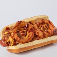 Bbq Pork Dog · Mugsy dog, mugsy sauce, baked beans, pulled pork, cheddar cheese, topped with onion rings.