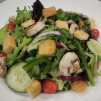 House Salad · Mixed greens, with bell peppers, mushrooms, diced cucumbers, onions, grape tomatoes and crou...