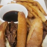 Brewer'S Dip · Oven-roasted beef on a toasted baguette with melted muenster cheese and hop knot mustard hor...