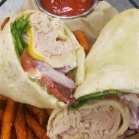 Turkey Club · Turkey breast and crispy bacon with lettuce, tomato, onion, mayo and Muenster cheese on toas...