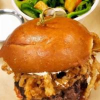 Jalapeno Chile Bomber Burger · Half-pound burger topped with fire-roasted jalapeno cream cheese, crunchy onion straws, and ...