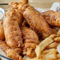 8Th Street Chicken Strips · Crispy, golden-fried, 8th street ale-battered chicken breast served with beer-battered fries...