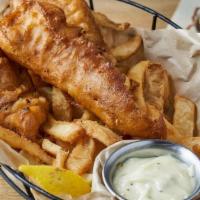 Pub Fish & Chips · Atlantic cod filet dipped in kilt lifter beer batter, fried crispy, and served fries, homema...