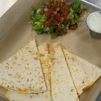 Cheese Quesadilla · Cheddar and mozzarella cheese blend melted in a toasted flour tortilla. Served with a side o...