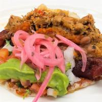 Chicken Alambre Taco · Stew chicken, bacon, beans, cheese, green peppers, pico de gallo, salsa & guacamole, and red...