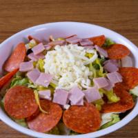 Chef Salad (Large) · Crisp iceberg lettuce, pepperoni, black olives, ham, pepperoncini peppers, and mozzarella.