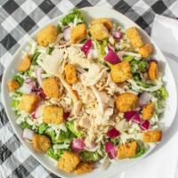 Chicken Caeser Salad (Large) · Fresh romaine lettuce, shredded chicken breast, red onions, mozzarella, and croutons. Caesar...
