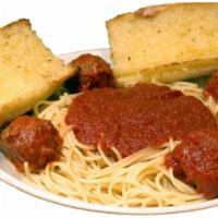 Spaghetti · Served with meatball or sausage, garlic bread, and salad.
