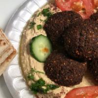 Falafel Hummus Mixed Platter · Five pieces falafel with hummus served with two pitas.