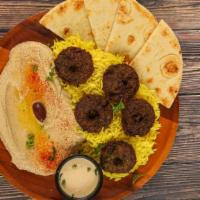 Falafel Entree · A vegetarian, dish blend of garbanzo beans, vegetables, and seasonings, with choice of 2 sid...
