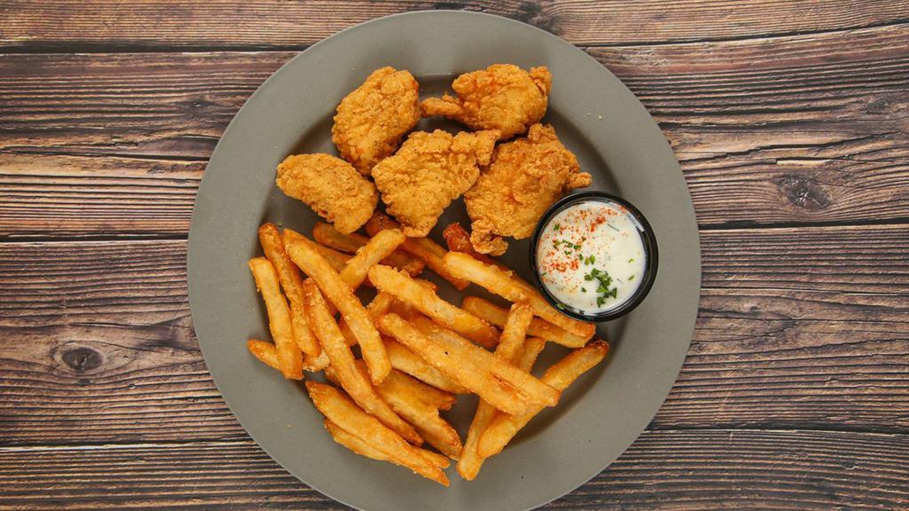 Kids Chicken Nuggets · Crispy nuggets served with choice of side, and choice of drink.